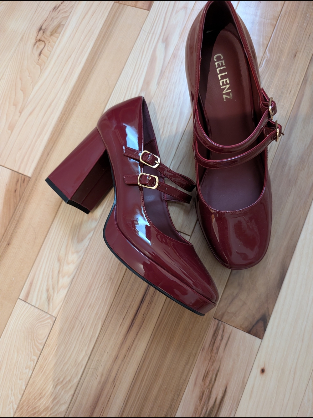Women's Patent Double-Strap Block Heels in Wine